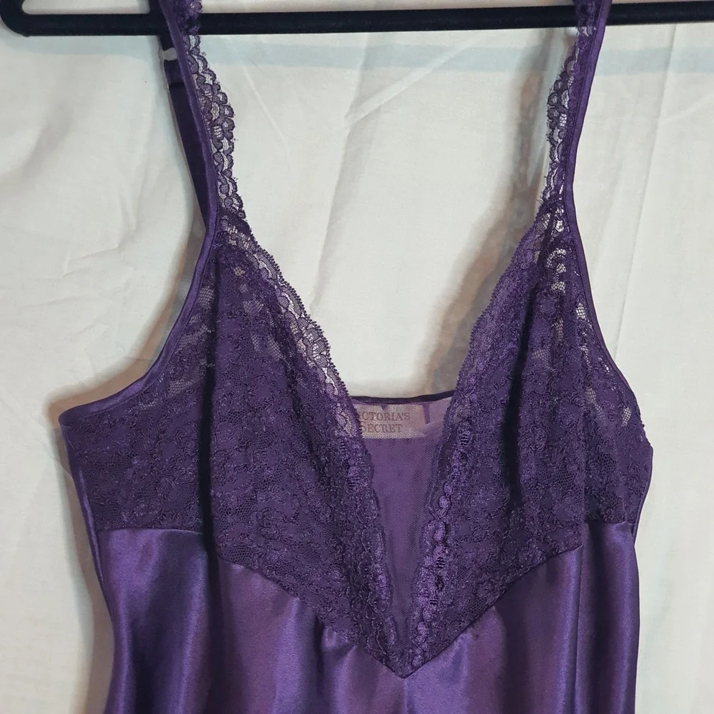 Vintage Victorias Secret Nightgown Medium Gold Label Purple Satin Lace Trim Maxi
